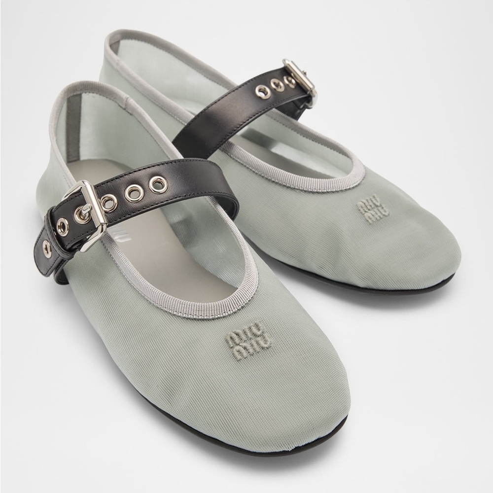 Miu Miu Gray Flats with Black Buckle